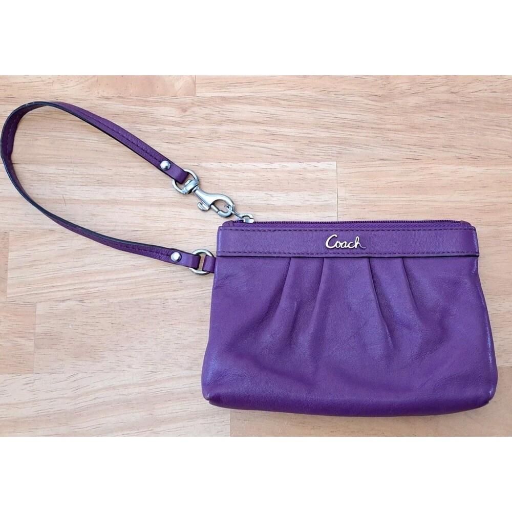 Coach Pleated Leather Wristlet Purple Plum with Silver Hardware